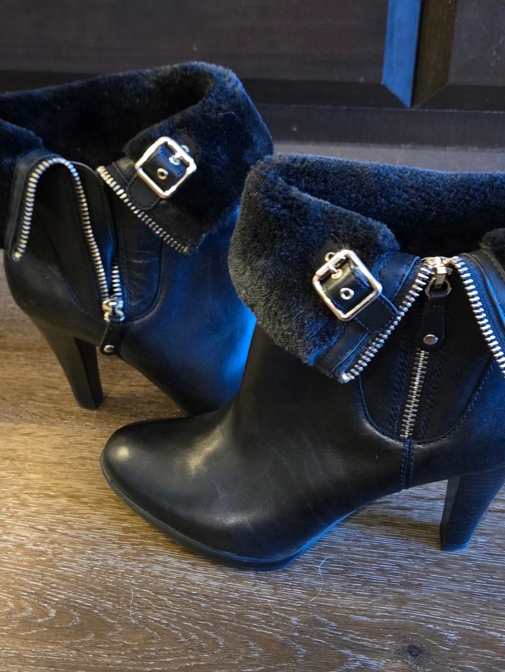​Anne Klein iFlex Black Leather Faux Fur Trim Heeled Booties